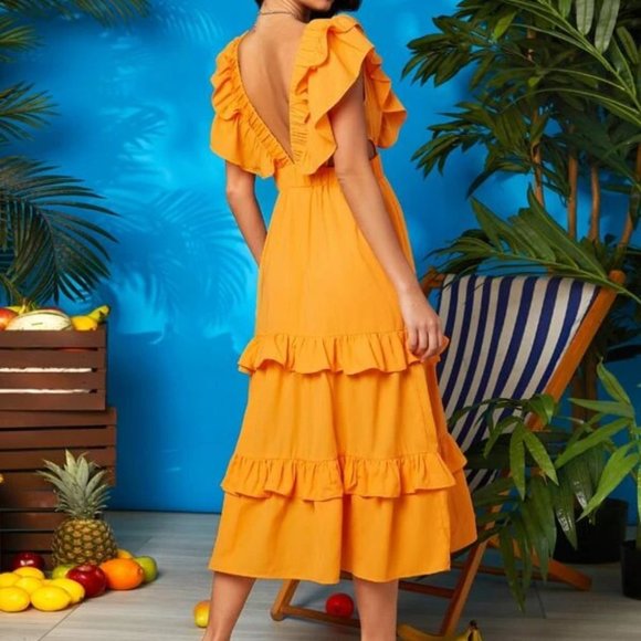 Boho Vacation style trendy V-Neck Cut Out waist Tiered Layer Dress Orange - Picture 2 of 5